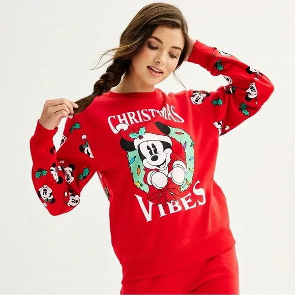 Disney Women's M Mickey Mouse Christmas Pullover Red Sweatshirt Holiday - Picture 1 of 13